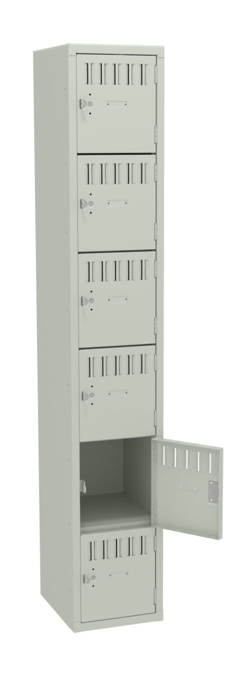 a91zizdjr8ichrnfmoe4.jpg A tall, beige metal locker with six compartments, five of which are closed and one open, revealing an empty space inside. Each compartment has a handle and a small ventilation design.