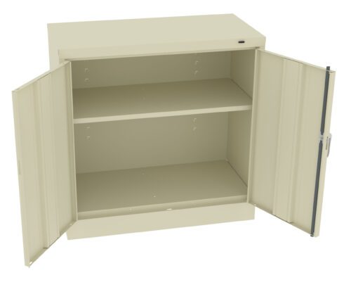 A beige metal cabinet with two open doors revealing two empty shelves inside. The cabinet is set against a plain white background.