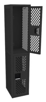 A black, metal locker with a perforated design. It has two compartments; the top door is open, showing the interior, while the bottom door remains closed. The surface is textured with a geometric grid of holes.