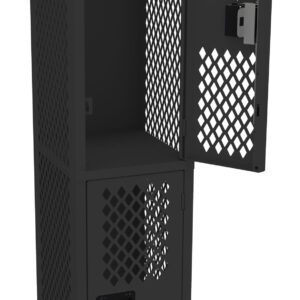 A black, metal locker with a perforated design. It has two compartments; the top door is open, showing the interior, while the bottom door remains closed. The surface is textured with a geometric grid of holes.