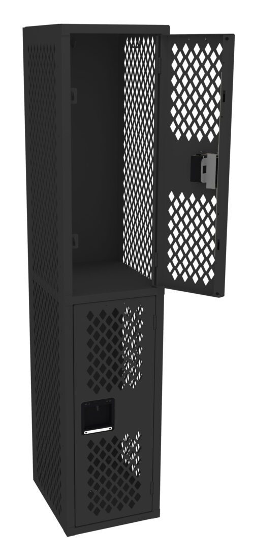a9siwn84c42dgtaveidq.jpg A black, metal locker with a perforated design. It has two compartments; the top door is open, showing the interior, while the bottom door remains closed. The surface is textured with a geometric grid of holes.