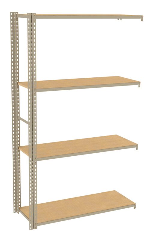 Four-tier metal shelving unit with wooden shelves, featuring a simple and open design suitable for storage or display. The structure is light-colored and appears sturdy, with perforated metal supports on the side.
