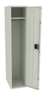 A tall, light gray metal locker with an open door. Inside, it has a single shelf and a hanging rod for storage. The locker features a black lock mechanism on the door.