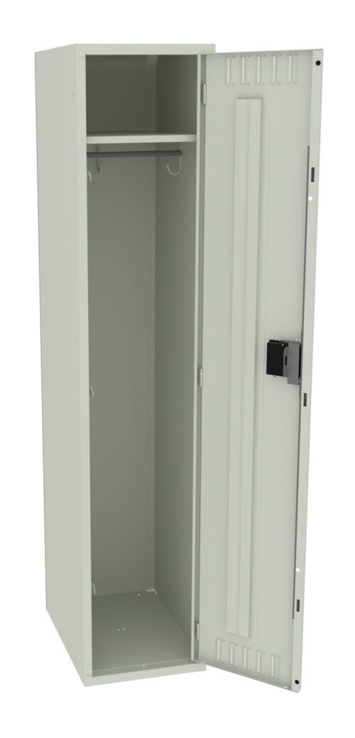 A tall, light gray metal locker with an open door. Inside, it has a single shelf and a hanging rod for storage. The locker features a black lock mechanism on the door.
