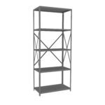 A tall, metal storage rack with five empty shelves and diagonal support bars on the back, standing on a white background.