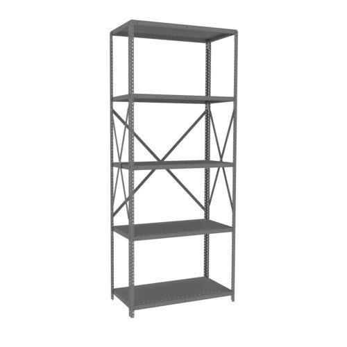 a9wtsstd3omrx7vi7sy0.jpg A tall, metal storage rack with five empty shelves and diagonal support bars on the back, standing on a white background.