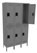 A set of six gray steel lockers, arranged in two rows of three. One locker in the top right is partially open, showing interior shelving. The lockers have vent slits and black rectangular handle slots.