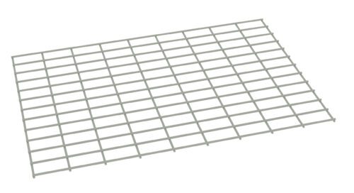 A metal wire grid shown in a perspective view, tilted slightly downwards. It consists of evenly spaced horizontal and vertical bars, forming a series of squares. The grid is set against a plain white background.
