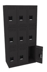 A black metal locker unit with nine compartments arranged in a 3x3 grid. One locker at the bottom right is open, revealing an empty interior. Each locker has a rectangular handle and ventilation slits at the top and bottom.