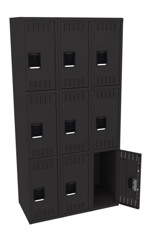 A black metal locker unit with nine compartments arranged in a 3x3 grid. One locker at the bottom right is open, revealing an empty interior. Each locker has a rectangular handle and ventilation slits at the top and bottom.