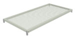 A rectangular metal shelf with a perforated design, featuring tiny circular holes throughout its surface. The shelf is supported by metal brackets at each corner, giving it a sturdy appearance.