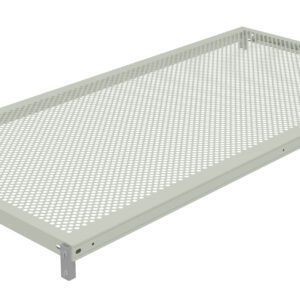 A rectangular metal shelf with a perforated design, featuring tiny circular holes throughout its surface. The shelf is supported by metal brackets at each corner, giving it a sturdy appearance.