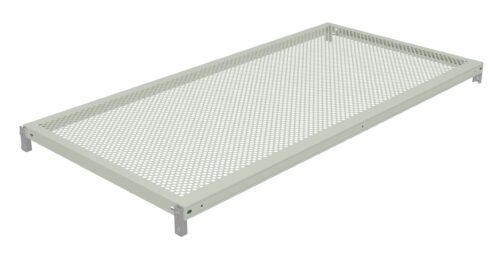 A rectangular metal shelf with a perforated design, featuring tiny circular holes throughout its surface. The shelf is supported by metal brackets at each corner, giving it a sturdy appearance.