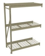 A light green, three-tiered metal shelving unit with a gridded design on each shelf. The frame consists of side supports and cross braces for stability, and each shelf has a grid pattern for ventilation and support.