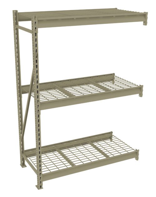A light green, three-tiered metal shelving unit with a gridded design on each shelf. The frame consists of side supports and cross braces for stability, and each shelf has a grid pattern for ventilation and support.