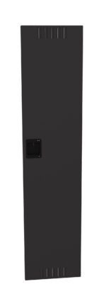 A tall, dark gray metal cabinet with a rectangular shape and a small black handle in the center of the door. The cabinet has vent-like openings near the top and bottom edges. The design is simple and utilitarian.
