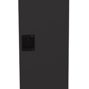 A tall, dark gray metal cabinet with a rectangular shape and a small black handle in the center of the door. The cabinet has vent-like openings near the top and bottom edges. The design is simple and utilitarian.