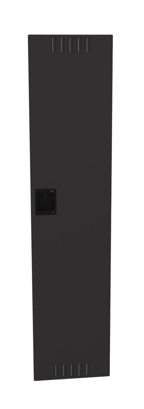 A tall, dark gray metal cabinet with a rectangular shape and a small black handle in the center of the door. The cabinet has vent-like openings near the top and bottom edges. The design is simple and utilitarian.