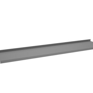 Gray metal sheet with right-angled edges running along its length, resembling a long, flat tray or panel. The side view highlights its thin profile and smooth surface.