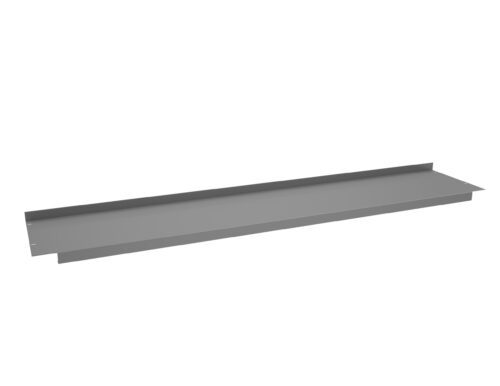 Gray metal sheet with right-angled edges running along its length, resembling a long, flat tray or panel. The side view highlights its thin profile and smooth surface.