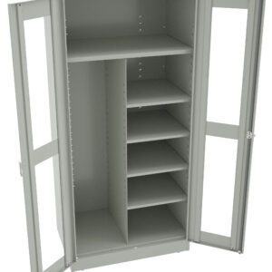 A gray metal storage cabinet with two doors open. Inside, there are multiple shelves on the right side and a wider space with a single shelf on the left, allowing for versatile storage options. The doors have clear panels.