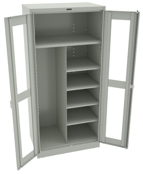 acd0kg6fsmycvsvfxaav.jpg A gray metal storage cabinet with two doors open. Inside, there are multiple shelves on the right side and a wider space with a single shelf on the left, allowing for versatile storage options. The doors have clear panels.