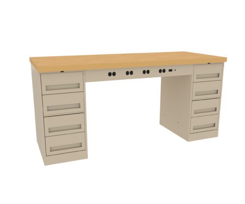 acve0uipcyaojj7epzzk.jpg A wooden workbench with a light brown top and eight metal drawers, four on each side. It features multiple circular cutouts along the front edge for cable management. The design is simple and functional.