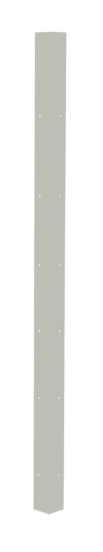 A tall, thin, rectangular gray object standing vertically with small dots evenly spaced along its surface, possibly representing holes. The background is plain white, providing contrast to the object.