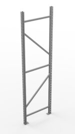 A metal shelving unit frame with vertical and diagonal support bars, featuring multiple holes for adjustable shelving, stands on a plain white background.