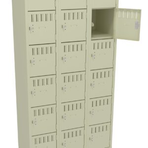 Beige metal locker with three vertical columns, each containing five compartments. One compartment door in the middle column is open, showing the empty interior. The locker has ventilation slots on each door.