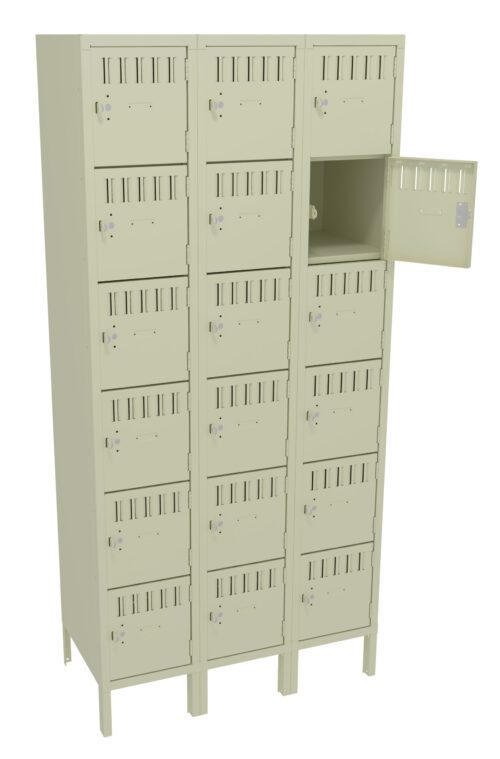 adpjwi0r7tsll2y9d8y8.jpg Beige metal locker with three vertical columns, each containing five compartments. One compartment door in the middle column is open, showing the empty interior. The locker has ventilation slots on each door.