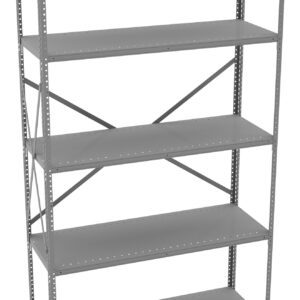 A grey metal shelving unit with five evenly spaced shelves. The design includes perforated support beams and a cross-brace at the back for stability, suitable for storage or organizing items in various settings.