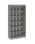 A tall, gray metal shelving unit with six shelves, each containing vertical dividers, is displayed on a white background. The shelves are empty, emphasizing the storage space and structure of the unit.
