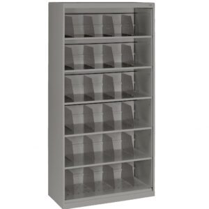 A tall, gray metal shelving unit with six shelves, each containing vertical dividers, is displayed on a white background. The shelves are empty, emphasizing the storage space and structure of the unit.