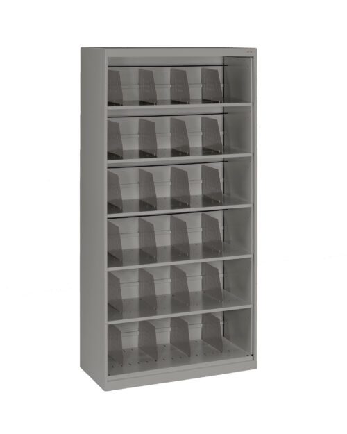 A tall, gray metal shelving unit with six shelves, each containing vertical dividers, is displayed on a white background. The shelves are empty, emphasizing the storage space and structure of the unit.