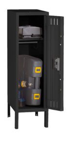 A black metal storage locker with one door open, revealing various items inside. On the top shelf is a stack of closed boxes. The bottom shelf holds a large gray toolbox with yellow accents and a power drill.