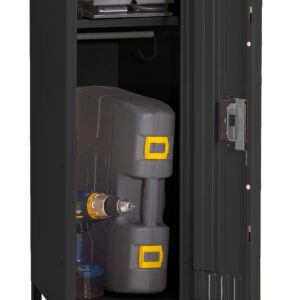 A black metal storage locker with one door open, revealing various items inside. On the top shelf is a stack of closed boxes. The bottom shelf holds a large gray toolbox with yellow accents and a power drill.