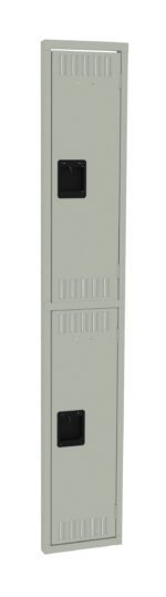 Tall, narrow, light green locker with two vertically stacked doors, each featuring a black recessed handle and small ventilation slits.