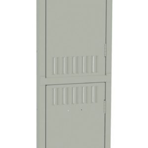 Tall, narrow, light green locker with two vertically stacked doors, each featuring a black recessed handle and small ventilation slits.