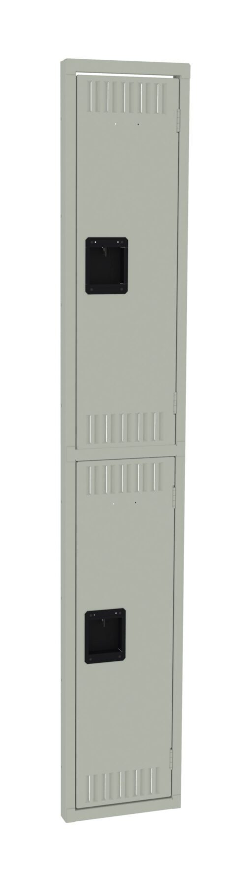 Tall, narrow, light green locker with two vertically stacked doors, each featuring a black recessed handle and small ventilation slits.