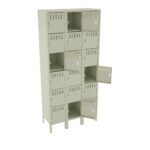 A beige metal locker unit with four columns and three rows. Some doors are open, showing empty compartments. Each door has a small vent and a locking mechanism. The locker stands on short legs.