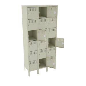 A beige metal locker unit with four columns and three rows. Some doors are open, showing empty compartments. Each door has a small vent and a locking mechanism. The locker stands on short legs.