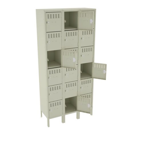 A beige metal locker unit with four columns and three rows. Some doors are open, showing empty compartments. Each door has a small vent and a locking mechanism. The locker stands on short legs.