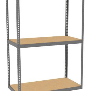 A three-tiered metal shelving unit with a gray frame and wooden shelves. The structure is simple and utilitarian, ideal for storage or organizing items. The shelves are evenly spaced on the metal frame.