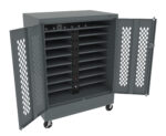 A gray metal storage cabinet with open doors, featuring twelve horizontal shelves. The doors have diamond-shaped perforations. The cabinet is on wheels and has a vertical power strip with outlets inside.