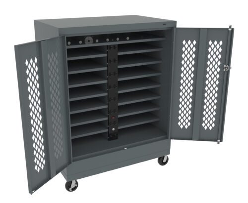 af06czbqb68ohjibz7nr.jpg A gray metal storage cabinet with open doors, featuring twelve horizontal shelves. The doors have diamond-shaped perforations. The cabinet is on wheels and has a vertical power strip with outlets inside.
