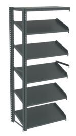 Metal shelving unit with six adjustable shelves and vertical supports, designed for storage. The shelves are evenly spaced and flat, suitable for organizing various items in a garage, warehouse, or office setting.