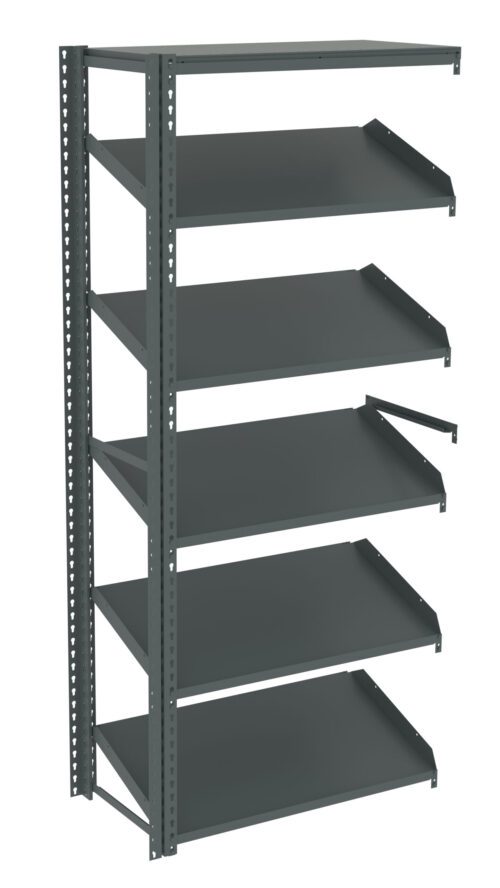 afpusxacgab9ifym5krq.jpg Metal shelving unit with six adjustable shelves and vertical supports, designed for storage. The shelves are evenly spaced and flat, suitable for organizing various items in a garage, warehouse, or office setting.
