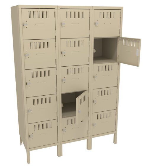 afwm2pudaxwpxggc1pqt.jpg A beige, metal locker unit with three columns and four rows, totaling twelve compartments. Some doors are open, showing empty spaces inside. The lockers have ventilation slots and keyhole handles.