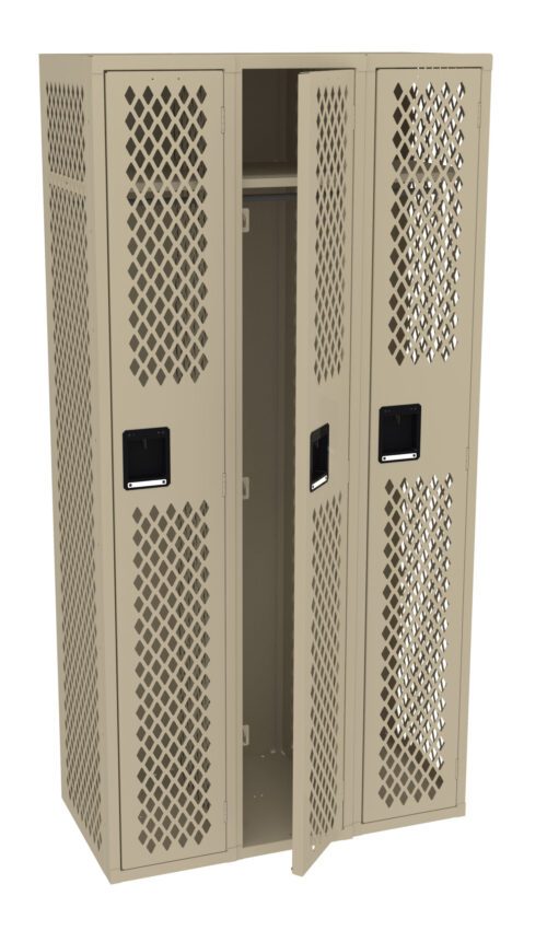 afxdppeaeqdxbzqgluvn.jpg A beige metal locker with three sections. The middle door is slightly open, revealing an empty interior and a horizontal hanging bar. The locker doors have a diamond-shaped perforated design for ventilation.